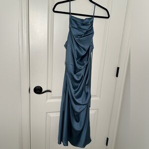 Blue Satin halter midi dress